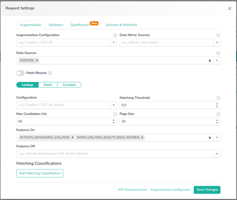 Request Settings - Augmentation tab, Features On with ACTIVATE_DATASOURCE_CDQ_POOL and SHOW_CDQ_POOL_QUALITY_ISSUE_RECORDS