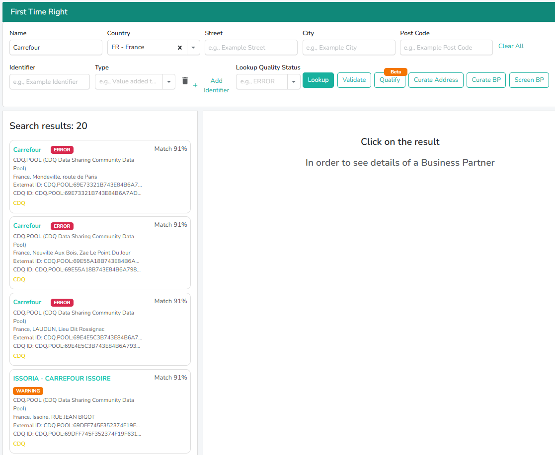 Quality Status filter with ERROR and WARNING options