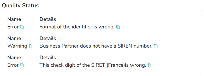 Quality Status section in Business Partner details, listing severity and details for each data quality issue