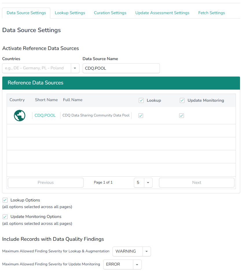 Augmentation Configurator, Data Source Settings with CDQ.POOL row, Lookup and Update Monitoring checkboxes