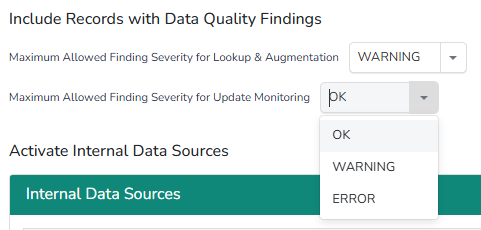 Maximum Allowed Finding Severity for Update Monitoring dropdown with OK, WARNING and ERROR options
